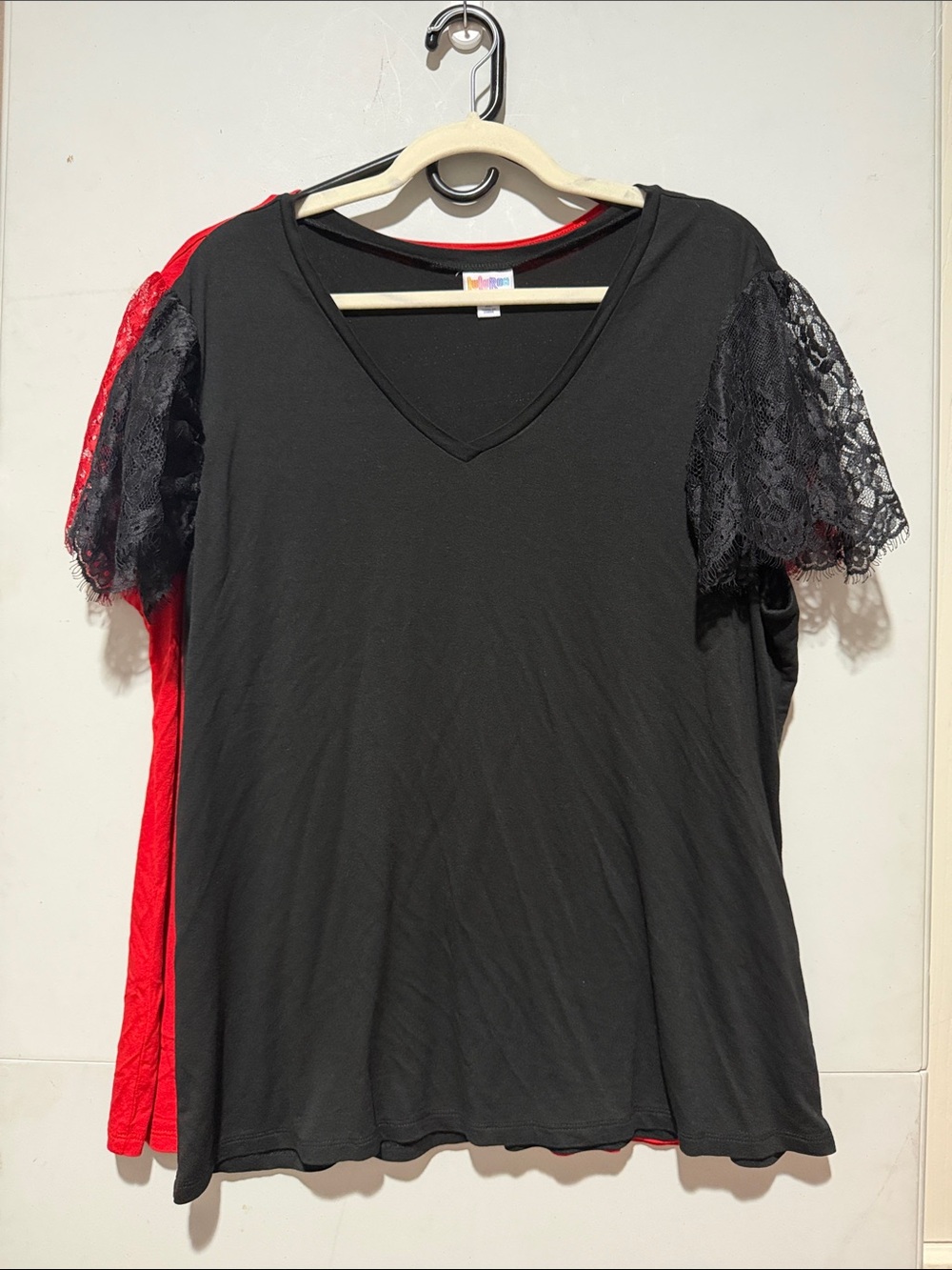 LuLaRoe Destiny solid Black and solid RedV-Neck Tops with Lace Short Sleeves